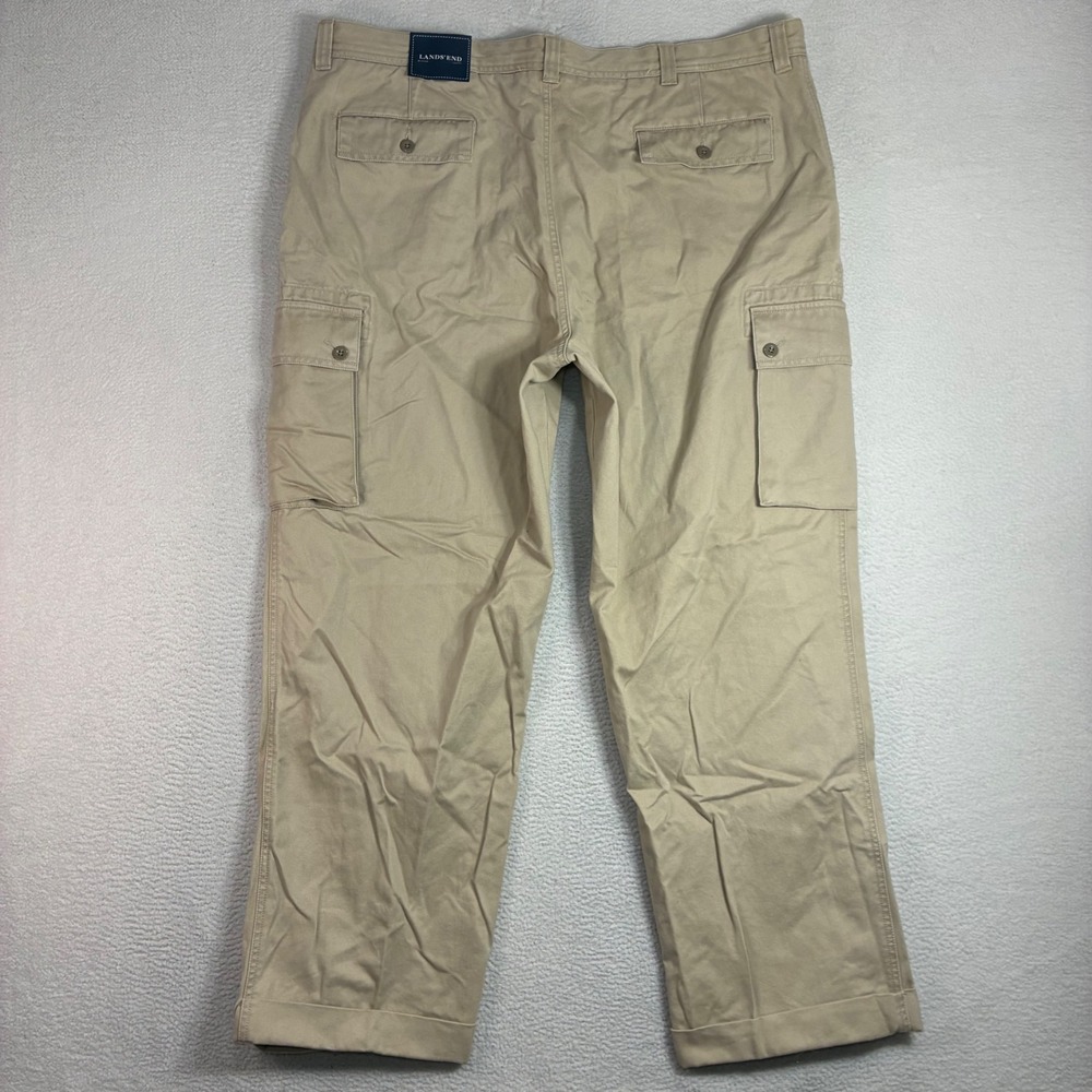 Lands End Cargo Pants Men 42x30 Tan Cotton Twill Chino Cuffed Casual NWT